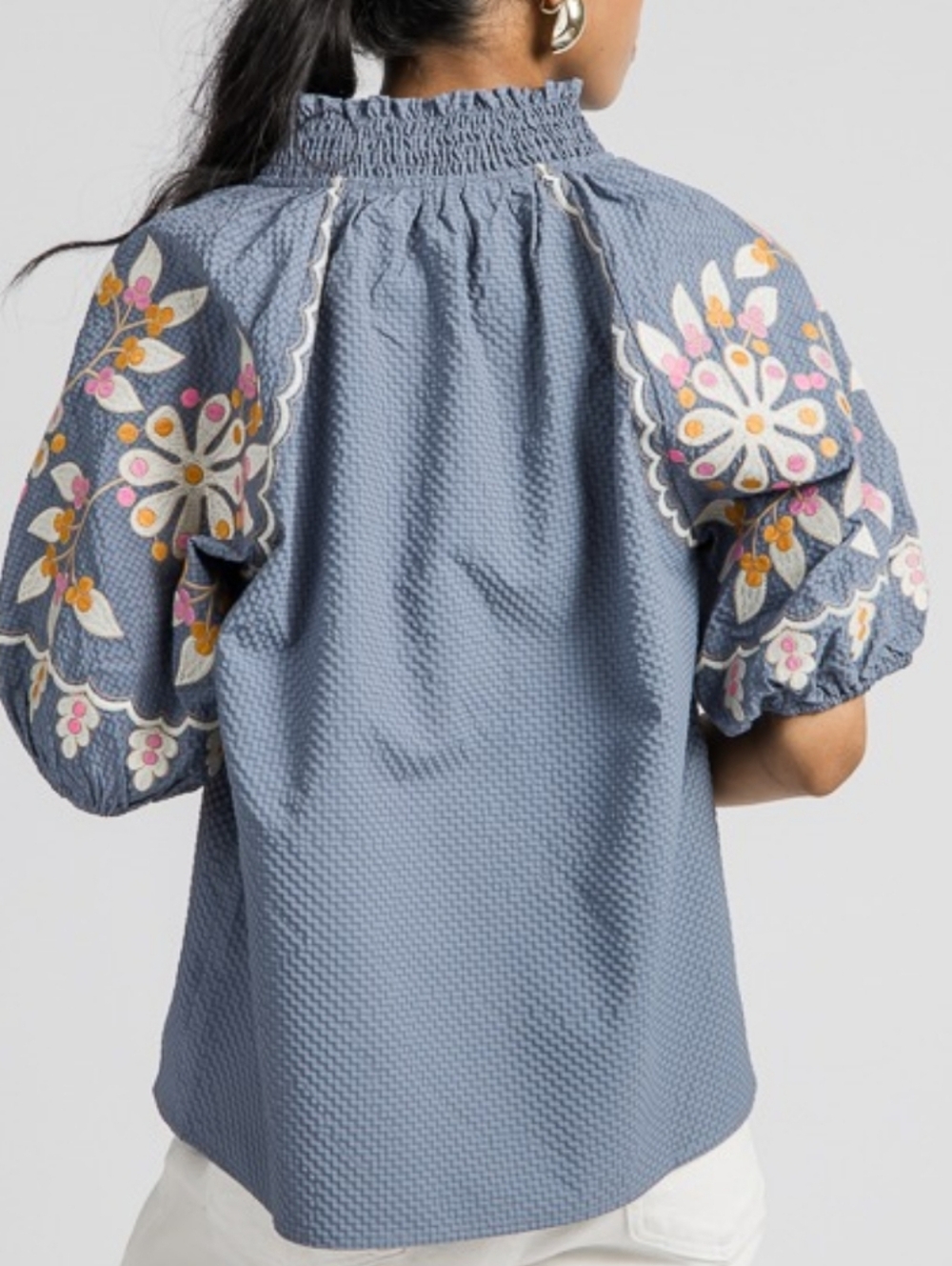 Blue Embroidered Puff-Sleeve Top - Picture 11 of 12